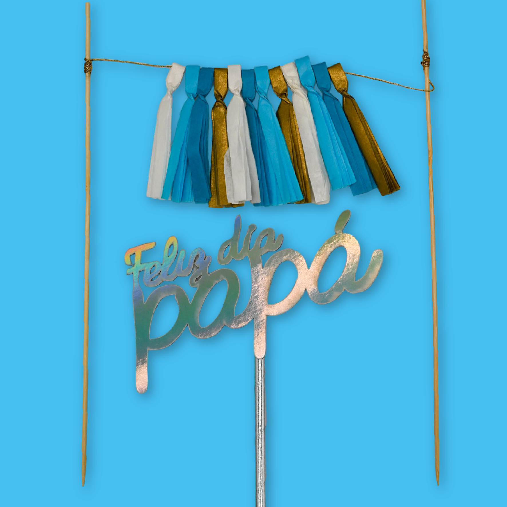 Cake Topper Pompom Azul, Oro y Blanco + Feliz Dia Papá Plata